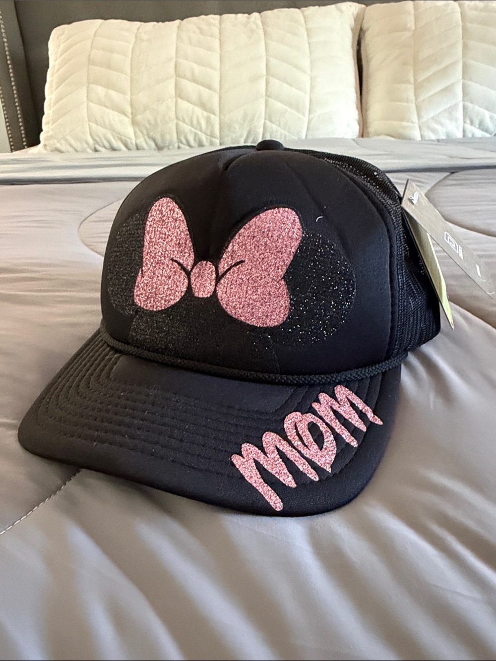 Black Trucker Hat with Pink Glitter Minnie Bow & Ears and MOM Text